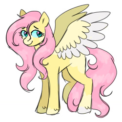 Size: 1280x1280 | Tagged: safe, artist:_rarerayy_, imported from derpibooru, fluttershy, pegasus, pony, colored sclera, colored wings, cyan sclera, female, mare, missing cutie mark, simple background, sketch, solo, spread wings, standing, two toned wings, white background, wings