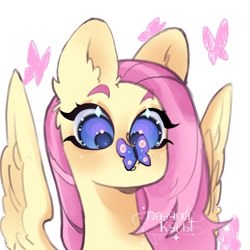 Size: 1024x1024 | Tagged: safe, artist:паучий культ, imported from derpibooru, fluttershy, butterfly, pegasus, pony, blushing, bust, butterfly on nose, insect on nose, obtrusive watermark, portrait, simple background, solo, watermark, white background