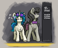 Size: 1197x996 | Tagged: safe, artist:reddthebat, imported from derpibooru, dj pon-3, octavia melody, vinyl scratch, earth pony, pony, unicorn, bag, chest fluff, cyrillic, duo, duo female, eyes closed, female, headphones, height difference, horn, mare, music notes, russian, saddle bag, signature, smiling, sunglasses, sunglasses on head, train station