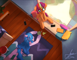 Size: 2548x1999 | Tagged: safe, artist:potato22, imported from derpibooru, izzy moonbow, sunny starscout, earth pony, pony, unicorn, cellphone, duo, duo female, female, g5, horn, indoors, lying down, mane stripe sunny, mare, overhead view, phone, prone, sitting, smartphone, sploot