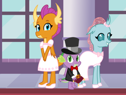 Size: 2048x1536 | Tagged: safe, artist:lnx1ynight16, imported from derpibooru, ocellus, smolder, spike, changedling, changeling, dragon, bowtie, clothes, cute, diaocelles, dress, female, flower girl, flower girl dress, hallway, hat, horn, horns, indoors, jewelry, looking at you, male, ring, ring bearer, smiling, smiling at you, smolderbetes, top hat, trio, trio female, tuxedo