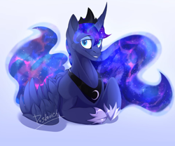 Size: 2920x2433 | Tagged: safe, artist:duskovich, imported from derpibooru, princess luna, alicorn, pony, female, gradient background, jewelry, looking at you, mare, obtrusive watermark, smiling, solo, watermark