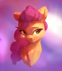 Size: 1065x1218 | Tagged: safe, artist:itssim, imported from derpibooru, sunny starscout, earth pony, pony, abstract background, bust, chest fluff, female, fluffy, g5, looking at you, mare, portrait, smiling, smiling at you, solo, three quarter view