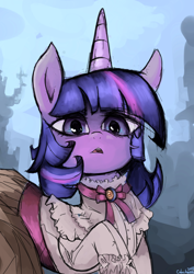 Size: 1414x2000 | Tagged: safe, artist:colochenni, imported from derpibooru, twilight sparkle, unicorn, city, clothes, dress, horn, outfit, solo, unicorn twilight