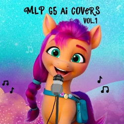 Size: 720x720 | Tagged: safe, artist:sunsetshimmersus, edit, edited screencap, imported from derpibooru, screencap, sunny starscout, earth pony, pony, series:mlp g5 ai covers (volume 1), caption, cover, cover art, female, g5, looking at you, mare, microphone, my little pony: make your mark, singing, solo, text