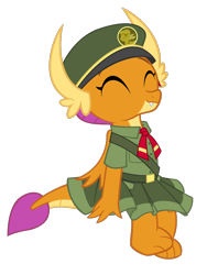 Size: 750x1000 | Tagged: safe, artist:queencold, imported from derpibooru, smolder, dragon, cute, cute little fangs, dragoness, eyes closed, fangs, female, filly guides, scout uniform, simple background, sitting, smiling, smolderbetes, solo, transparent background