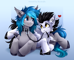 Size: 4370x3543 | Tagged: safe, artist:buvanybu, imported from derpibooru, oc, bat pony, pony, collar, duo, ear piercing, female, gradient background, heart, leash, looking at each other, looking at someone, male, mare, piercing, stallion