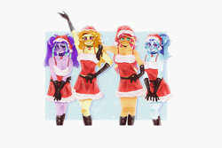 Size: 3000x2000 | Tagged: safe, artist:queenhoneybee, imported from derpibooru, adagio dazzle, aria blaze, sonata dusk, sunset shimmer, human, equestria girls, arm on shoulder, boots, breasts, christmas, christmas 2024, cleavage, clothes, dress, female, gloves, grin, hand on hip, hat, high res, holiday, long gloves, looking at you, santa dress, santa hat, shoes, simple background, smiling, smiling at you, the dazzlings, tongue out, white background