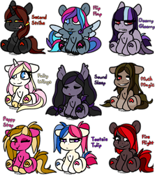 Size: 3962x4452 | Tagged: safe, artist:sexygoatgod, imported from derpibooru, oc, oc only, oc:doomy gloomy, oc:fairy wings, oc:fire flight, oc:flip flap, oc:muck magic, oc:peppy step, oc:second strike, oc:sound sleep, oc:tootsie tulip, bat pony, earth pony, pegasus, pony, unicorn, adoptable, angry, bags under eyes, bat pony oc, bat wings, blue eyes, brown eyes, chibi, coat markings, colored hooves, colored horn, colored sclera, colored underhoof, colored wings, colored wingtips, derp, ear tufts, earth pony oc, eyes closed, female, floppy ears, folded wings, freckles, group, heart, heart eyes, heterochromia, hoof heart, hooves, horn, lip bite, mare, no pupils, one eye closed, pegasus oc, pigtails, purple eyes, round ears, scowl, sitting, socks (coat markings), spread wings, tongue out, two toned wings, underhoof, unicorn oc, white pupils, wingding eyes, wings, yellow sclera