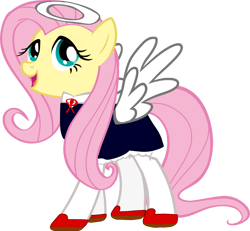 Size: 2844x2625 | Tagged: artist needed, source needed, safe, edit, imported from derpibooru, vector edit, fluttershy, pegasus, pony, angel, background removed, bemani, clothes, cosplay, costume, dress, female, high res, konami, necktie, official, open mouth, poet (pop'n music), pop'n music, red shoes, shoes, shorts, show accurate, simple background, socks, solo, spread wings, transparent background, vector, white wings, wings