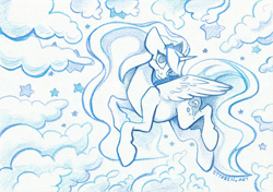 Size: 6968x4904 | Tagged: safe, artist:stirren, imported from derpibooru, princess luna, alicorn, pony, absurd file size, absurd resolution, crown, flying, jewelry, looking at you, night, night sky, regalia, sky, spread wings, stars, traditional art, wings