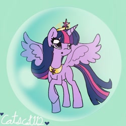 Size: 894x894 | Tagged: safe, artist:catscat112, imported from derpibooru, twilight sparkle, alicorn, pony, :o, bubble, crown, cute, female, in bubble, jewelry, multicolored hair, open mouth, regalia, twiabetes, twilight sparkle (alicorn)