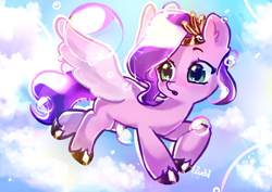 Size: 3508x2480 | Tagged: safe, artist:izuchi, imported from derpibooru, pipp petals, pegasus, pony, adorapipp, bubble, cute, female, flying, g5, mare, outdoors, solo