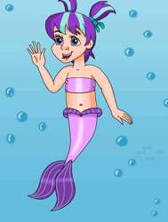 Size: 869x1152 | Tagged: safe, artist:ocean lover, imported from derpibooru, starlight glimmer, human, mermaid, bandeau, bare midriff, bare shoulders, belly, belly button, bubble, child, cute, fins, fish tail, hair ribbon, happy, humanized, looking at someone, mermaid tail, mermaidized, midriff, ms paint, ocean, open mouth, pigtails, purple eyes, purple hair, ribbon, species swap, swimming, tail, tail fin, two toned hair, underwater, water, waving, young, younger