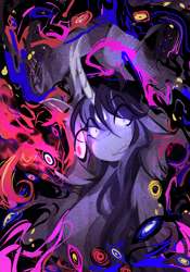 Size: 2224x3175 | Tagged: safe, artist:iheyyasyfox, imported from derpibooru, oc, oc only, oc:silvia, oc:stella alba nyx, alicorn, hybrid, pony, abstract background, bust, chaos, curved horn, duo, duo female, eye clipping through hair, female, frown, high res, horn, interspecies offspring, mare, offspring, parent:discord, parent:flash sentry, parent:princess celestia, parent:twilight sparkle, parents:dislestia, parents:flashlight