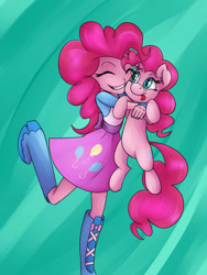 Size: 1024x1365 | Tagged: safe, alternate version, artist:megagibs, imported from derpibooru, pinkie pie, earth pony, human, pony, equestria girls, :p, cute, diapinkes, eyes closed, grin, holding a pony, hug, human ponidox, self paradox, self ponidox, silly, smiling, tongue out