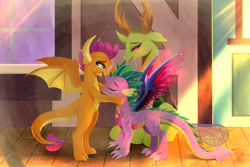 Size: 2400x1600 | Tagged: safe, artist:darksly, imported from derpibooru, smolder, spike, thorax, changedling, changeling, dragon, commission, crying, dragoness, female, hug, king thorax, male, quadrupedal spike, shipping, species swap, spolder, spread wings, straight, tears of joy, train station, trio, winged spike, wings