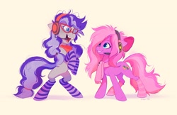 Size: 2048x1328 | Tagged: safe, artist:imalou, imported from derpibooru, oc, oc only, oc:cinnabyte, oc:lillybit, earth pony, pony, bow, clothes, commission, duo, duo female, earth pony oc, female, glasses, hair bow, headset, looking at each other, looking at someone, mare, open mouth, open smile, scarf, smiling, smiling at each other, striped scarf