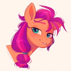 Size: 3000x3000 | Tagged: safe, artist:imalou, imported from derpibooru, sunny starscout, earth pony, pony, braid, braided ponytail, bust, eyebrows, female, g5, lidded eyes, long mane, looking at you, mare, ponytail, portrait, scrunchie, smiling, smiling at you, solo