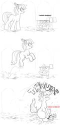 Size: 2200x4600 | Tagged: safe, artist:rocket-lawnchair, imported from derpibooru, oc, oc only, oc:anon, human, pony, autistic screeching, black and white, bloodborne, comic, crossover, duo, duo male and female, elden ring, female, giant pony, grayscale, high res, hop, horns, human male, macro, male, mare, monochrome, partial color, ponified, simple background, torrent (elden ring), white background, you died