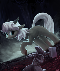 Size: 2200x2600 | Tagged: safe, artist:rocket-lawnchair, imported from derpibooru, oc, oc only, human, pony, bloodborne, crossover, duo, duo male and female, elden ring, female, giant pony, hammer, high res, horns, human male, macro, male, mare, ponified, torrent (elden ring), war hammer, weapon