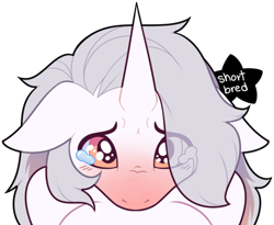 Size: 451x370 | Tagged: safe, artist:shortbred, imported from derpibooru, oc, oc only, oc:taff, anthro, unicorn, blushing, crying, eye clipping through hair, horn, solo, teary eyes