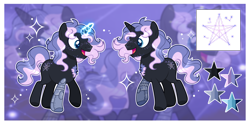 Size: 7704x3825 | Tagged: safe, artist:lavender-bases, imported from derpibooru, oc, oc:star tech, pony, unicorn, absurd resolution, amputee, horn, male, passepartout, prosthetic leg, prosthetic limb, prosthetics, reference sheet, solo, stallion