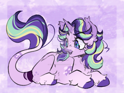 Size: 1280x960 | Tagged: safe, artist:pixiecloud248, imported from derpibooru, starlight glimmer, pony, unicorn, alternate design, colored hooves, deviantart watermark, ear fluff, eye clipping through hair, fluffy, hooves, horn, leonine tail, lying down, obtrusive watermark, prone, solo, tail, unshorn fetlocks, watermark