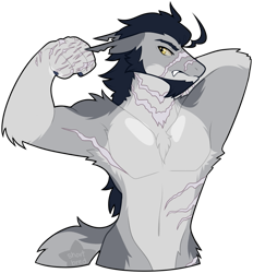 Size: 651x703 | Tagged: safe, artist:shortbred, imported from derpibooru, oc, oc only, oc:cavalry, anthro, diamond dog, earth pony, hybrid, armpits, belly, belly button, chest fluff, clothes, fangs, fluffy, male, muscles, partial nudity, scar, simple background, solo, topless, transparent background