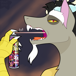 Size: 495x495 | Tagged: safe, artist:shortbred, imported from derpibooru, discord, draconequus, discord being discord, shitposting, silly string, solo, wat