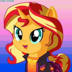 Size: 1980x1986 | Tagged: safe, artist:codenamekid, imported from derpibooru, sunset shimmer, pony, unicorn, badge, bisexual pride flag, clothes, cute, equestria girls outfit, equestria girls ponified, female, gradient background, gridlines, highlights, horn, jacket, looking at you, mare, music festival outfit, namesake, pants, ponified, pride, pride flag, shading, shimmerbetes, shirt, solo, sunset shimmer is bisexual, sunshine shimmer