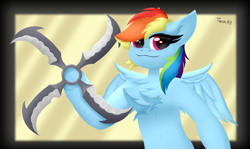 Size: 1262x752 | Tagged: safe, artist:twinky, imported from derpibooru, rainbow dash, pegasus, pony, semi-anthro, :3, belly, belly button, chest fluff, dexterous hooves, ear fluff, female, mare, shuriken, smiling, solo, spread wings, underhoof, weapon, wings