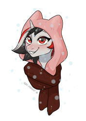 Size: 2248x3182 | Tagged: safe, artist:ren friday 13, imported from derpibooru, oc, oc only, oc:red rocket, unicorn, blushing, bust, clothes, commission, eye clipping through hair, hood, horn, scarf, simple background, smiling, solo, transparent background, unicorn oc, ych result