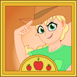 Size: 1200x1200 | Tagged: safe, artist:prixy05, imported from derpibooru, applejack, human, applejack's hat, bust, cowboy hat, hat, humanized, portrait, solo