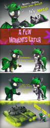 Size: 2920x7382 | Tagged: safe, artist:mister-karter, imported from derpibooru, oc, oc only, oc:dagger strike, oc:razor strike, bat pony, changeling, comic, duo, gradient background, green changeling, horn, metamorphosis, mini comic, multiple horns, slit pupils, talking, tank (vehicle), text