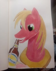 Size: 1003x1280 | Tagged: safe, artist:erisdich, imported from derpibooru, big macintosh, earth pony, pony, alcohol, beer, beer bottle, bottle, drink, ears up, eyes open, gouache, green eyes, notebook, paper, photo, short mane, traditional art