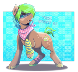 Size: 2959x2737 | Tagged: safe, alternate version, artist:kaijulii, imported from derpibooru, oc, oc only, earth pony, >:), >:3, >:p, abstract background, bandana, blue background, blue eyes, blue mane, bushy brows, checkered background, cheek fluff, clothes, coat markings, colored hooves, cyan background, dancing, digital art, dyed hair, dyed mane, dyed tail, ear markings, ear piercing, earring, english, facial hair, facial markings, facial scar, glasses, green hooves, green mane, hooves, jewelry, leg band, leg markings, lighting, lip piercing, looking at you, mismatched hooves, multicolored hair, multicolored hooves, multicolored mane, multicolored tail, name, neon, nose piercing, partially transparent background, piercing, pose, raised hoof, rearing, scar, scarf, shading, shadow, short tail, simple background, socks, socks (coat markings), solo, splotches, standing on three hooves, stockings, striped scarf, striped socks, striped tail, tail, text, thigh highs, three quarter view, three toned mane, tongue out, turquoise eyes, two toned coat, two toned tail, wall of tags, wall of text, yellow hooves