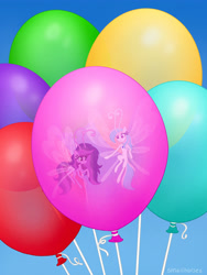 Size: 3000x4000 | Tagged: safe, artist:smallhorses, imported from derpibooru, oc, oc only, oc:emilia starsong, oc:starburn, breezie, pony, balloon, blue sky, bow, breeziefied, duo, female, floating, helium, inside balloon, jewelry, necklace, species swap, tail, tail bow