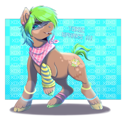 Size: 2959x2737 | Tagged: safe, alternate version, artist:kaijulii, imported from derpibooru, oc, oc only, earth pony, >:), >:3, >:p, abstract background, bandana, blue background, blue eyes, blue mane, bushy brows, checkered background, cheek fluff, clothes, coat markings, colored hooves, cyan background, dancing, digital art, dyed hair, dyed mane, dyed tail, ear markings, ear piercing, earring, english, facial hair, facial markings, facial scar, glasses, glow rings, glowstick, green hooves, green mane, hooves, jewelry, leg band, leg markings, lighting, lip piercing, looking at you, mismatched hooves, multicolored hair, multicolored hooves, multicolored mane, multicolored tail, name, neon, nose piercing, partially transparent background, piercing, pose, raised hoof, rearing, scar, scarf, shading, shadow, short tail, simple background, socks, socks (coat markings), solo, splotches, standing on three hooves, stockings, striped scarf, striped socks, striped tail, tail, text, thigh highs, three quarter view, three toned mane, tongue out, turquoise eyes, two toned coat, two toned tail, wall of tags, wall of text, yellow hooves