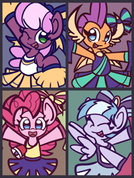 Size: 1500x2000 | Tagged: safe, artist:derp pone, imported from derpibooru, cheerilee, lilac sky, pinkie pie, smolder, dragon, earth pony, pegasus, pony, semi-anthro, bow, cheerleader, cheerleader outfit, cheerleader pinkie, cheerleader smolder, clothes, cute, pom pom, simple background