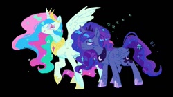 Size: 1152x648 | Tagged: safe, artist:boom175974, artist:🍄cello🌿, imported from derpibooru, princess celestia, princess luna, alicorn, pony, black background, blushing, duo, female, hoof shoes, jewelry, mare, peytral, regalia, simple background, sleepy, spread wings, wings