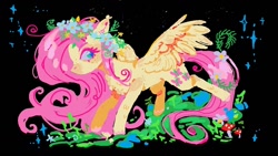 Size: 1152x648 | Tagged: safe, artist:boom175974, artist:🍄cello🌿, imported from derpibooru, fluttershy, pegasus, pony, chest fluff, female, floral head wreath, flower, mare, solo, spread wings, wings