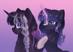 Size: 1175x841 | Tagged: safe, artist:anku, imported from derpibooru, oc, oc only, pony, unicorn, braid, duo, gradient background, horn, looking at each other, looking at someone, magic, pigtails