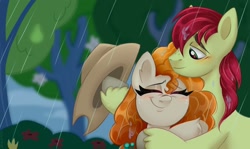 Size: 2000x1190 | Tagged: safe, artist:pozya1007, imported from derpibooru, bright mac, pear butter, earth pony, pony, the perfect pear, brightbutter, duo, duo male and female, female, male, my little pony, outdoors, rain, shipping, stallion, straight, tree