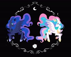 Size: 2814x2282 | Tagged: source needed, safe, artist:boom175974, artist:cellolikescat, artist:🍄cello🌿, imported from derpibooru, princess celestia, princess luna, alicorn, pony, black background, duo, duo female, female, profile, royal sisters, siblings, simple background, sisters, smiling, spread wings, wings