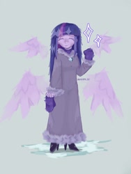 Size: 1536x2048 | Tagged: safe, artist:invisib1e_ez, imported from derpibooru, twilight sparkle, human, clothes, female, floating wings, gloves, gray background, humanized, multiple wings, simple background, solo, winged humanization, wings, winter outfit