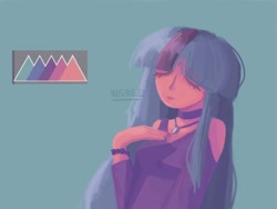 Size: 1024x768 | Tagged: safe, artist:invisib1e_ez, imported from derpibooru, twilight sparkle, human, choker, eyebrows, eyebrows visible through hair, eyes closed, female, green background, humanized, jewelry, necklace, simple background, solo, wristband