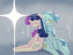 Size: 2048x1536 | Tagged: safe, artist:invisib1e_ez, imported from derpibooru, bon bon, lyra heartstrings, sweetie drops, earth pony, pony, unicorn, back to back, duo, female, horn, lesbian, lyrabon, mare, shipping, sitting