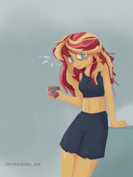 Size: 1536x2048 | Tagged: safe, artist:invisib1e_ez, imported from derpibooru, sunset shimmer, human, equestria girls, bra, clothes, crop top bra, exposed belly, eye clipping through hair, eyebrows, eyebrows visible through hair, female, shorts, solo, underwear