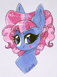 Size: 941x1267 | Tagged: safe, artist:cupute, imported from derpibooru, kiwi lollipop, earth pony, pony, equestria girls, alcohol markers, bangs, big ears, blue body, blue eyes, bust, cel shading, curly hair, curly mane, cute, ear fluff, earth pony kiwi lollipop, equestria girls ponified, equestria girls specials, eyebrows, eyebrows visible through hair, eyeshadow, female, heart, heart cheeks, k-lo, k-lo betes, magenta mane, makeup, micron pen, multicolored hair, multicolored mane, my little pony equestria girls: better together, my little pony equestria girls: sunset's backstage pass, ohulu markets, paper, paper background, photo, pigtails, pink mane, ponified, portrait, shading, shiny body, shiny mane, simple background, smiling, smirk, smug, solo, traditional art, wrong body color